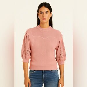 Ba&sh Samoa Pink Embroidered Puff Sleeve Lady Pullover Sweater size Small